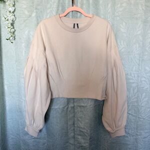 NWT‎ $98 Anthropologie L Cream Puff Sleeve Corset Waist Cropped Sweatshirt